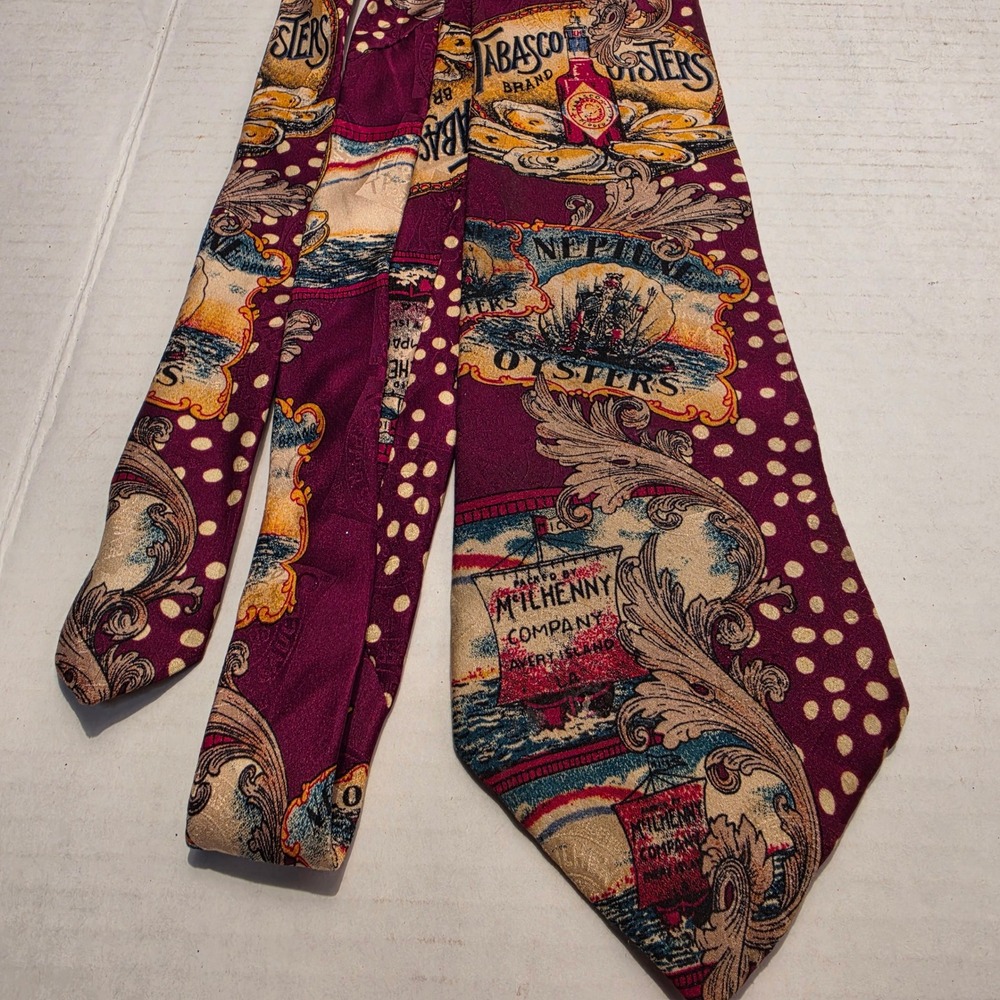 Tabasco Mens Silk Tie Vtg Burgundy Neptune Oyster McIlhenny Co Novelty Polka Dot